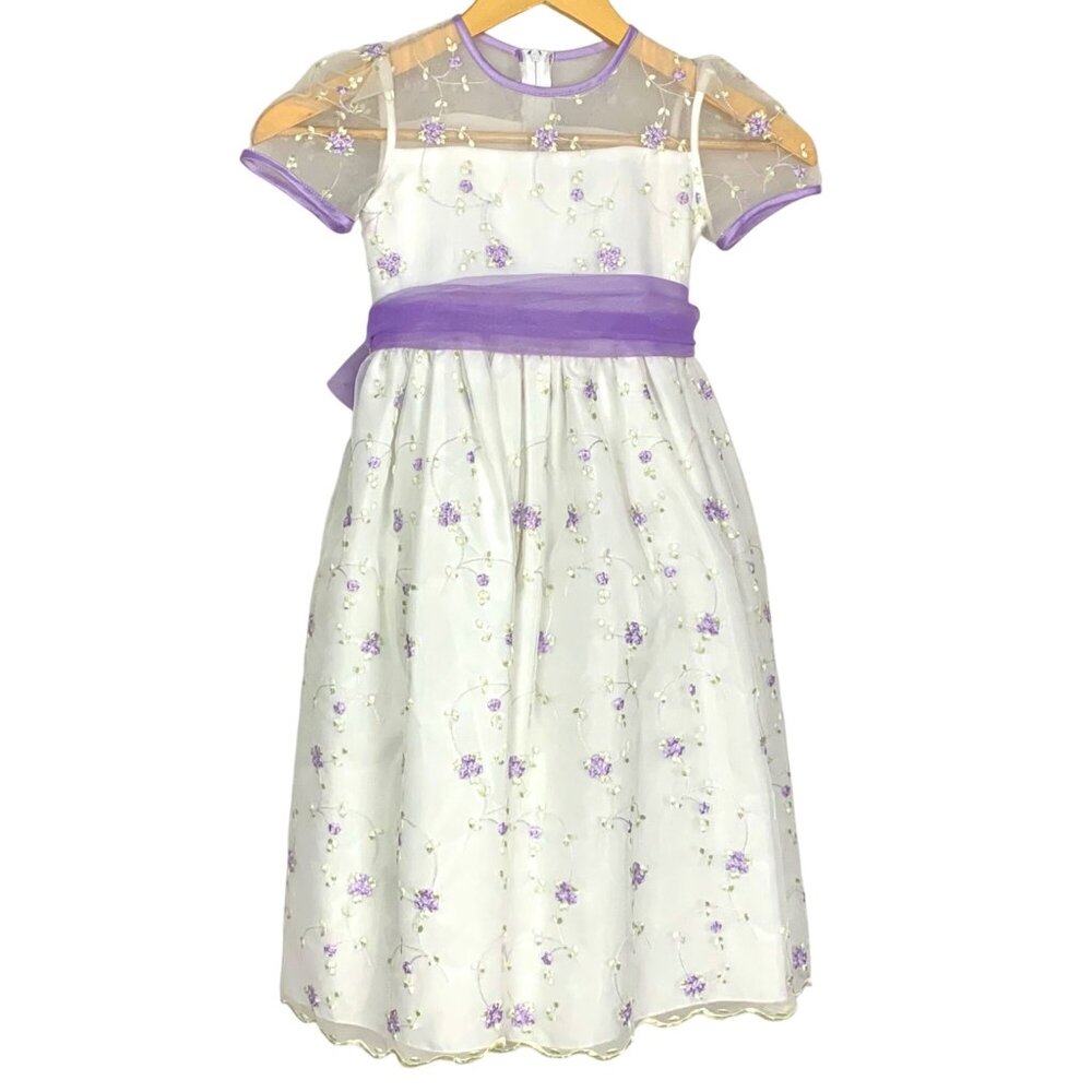 Easter Flower Girl Size 4 White Purple Embroidered Dress Sheer Tulle Bow